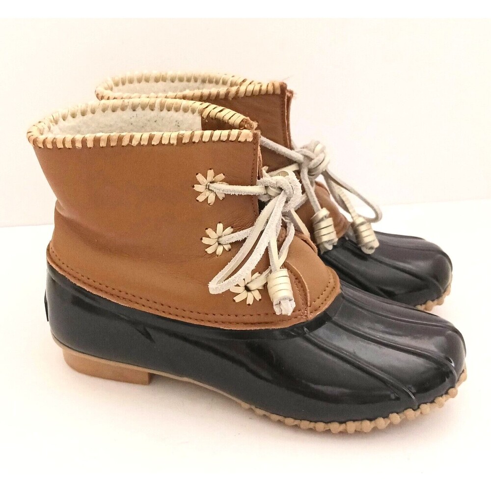 Jack Rogers Chloe Rain Duck Boots Waterproof Lace Up Rugged Blk/ Tan Sz 7